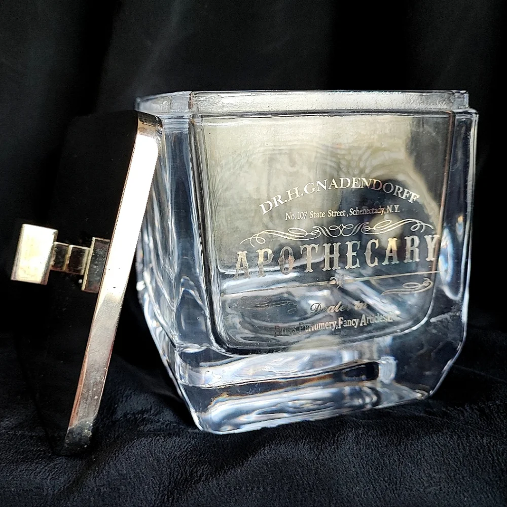 Heavy Glass Reproduction Apothecary Bath Jar Chrome Square Lid Metallic Writing